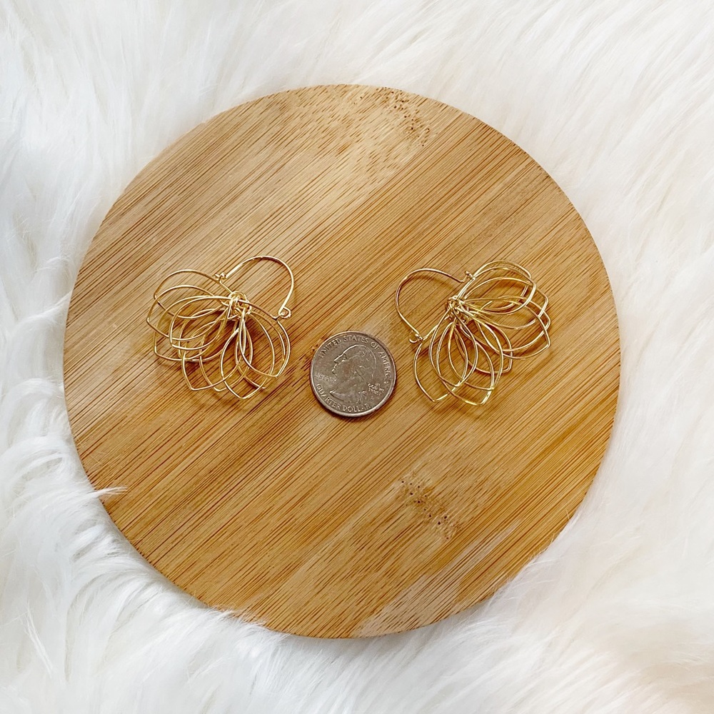 NWT Gold Lotus Wire Earrings – Lightweight Boho Floral Hoops - Picture 5 of 8